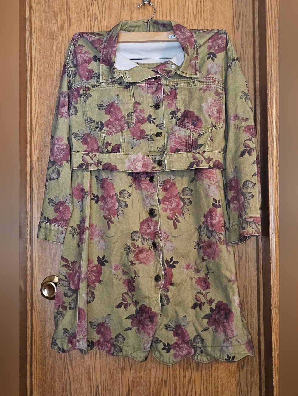 Floral Button-Front Long Jacket in Olive with Rose Print